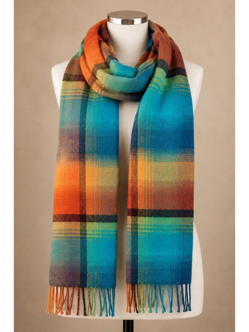 Cashmink by V Fraas Plaid Scarf 55 x 11 " Acrylic Made In Germany Soft Fringe